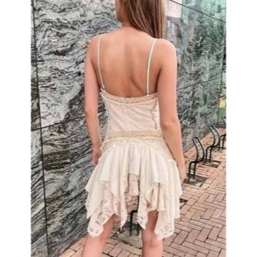 NWT Free People Ixiah Liminal Ivory Lace Ruffle Mini Dress | Grunge Fairycore 6 - Picture 7 of 16